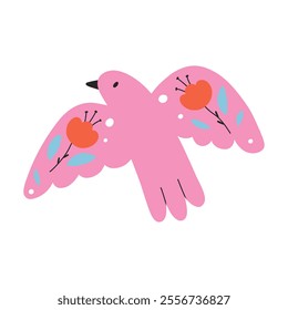 Sweet bird in folk style. Cute bird with flowers in folk style. Vector illustration. Flat style.