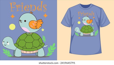 sweet bird and turtle friendship illustration, vector design for various prints