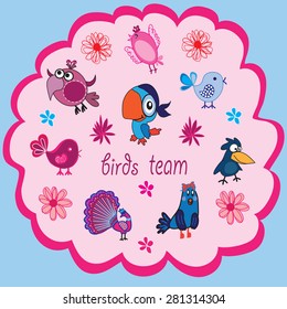 sweet birds with flowers vector illustration