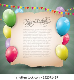 Sweet birthday background with empty paper and colorful balloons 