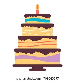 Sweet birthday cake with burning candle. Colorful holiday dessert. Vector celebration background.

