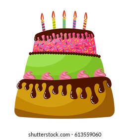 Sweet birthday cake with five burning candles. Colorful holiday dessert. Vector celebration background.
