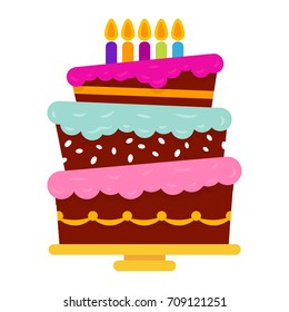 Sweet birthday cake with five burning candles. Colorful holiday dessert. Vector celebration background.