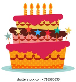 Sweet birthday cake with five burning candles. Colorful holiday dessert. Vector celebration background.
