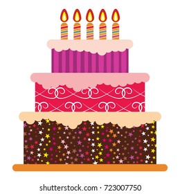 Sweet birthday cake with five burning candles. Colorful holiday dessert. Vector celebration background.