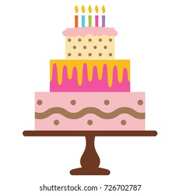 Sweet birthday cake with five burning candles. Colorful holiday dessert. Vector celebration background.
