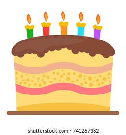 Sweet birthday cake with five burning candles. Colorful holiday dessert. Vector celebration background.
