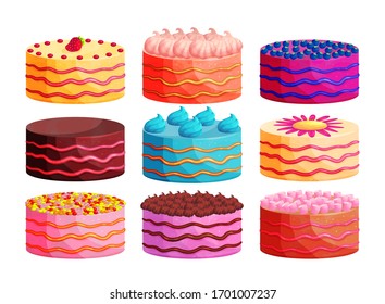 Sweet birthday cake flat vector illustration set. Collection of pies with cream and berries. Confectionary, delicious meal. Bakery food, colorful pastry stickers. Flour confection variety