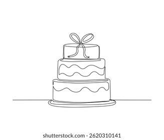 Sweet birthday cake outline drawing illustration. one continuous line drawing of Wedding Cake with candles.