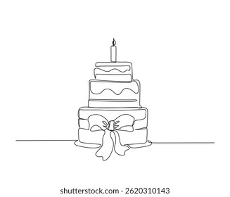 Sweet birthday cake outline drawing illustration. one continuous line drawing of Wedding Cake with candles.