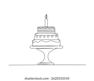 Sweet birthday cake outline drawing illustration. one continuous line drawing of Wedding Cake with candles.