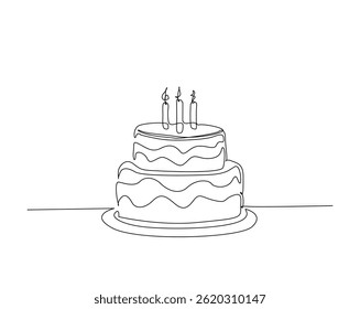 Sweet birthday cake outline drawing illustration. one continuous line drawing of Wedding Cake with candles.