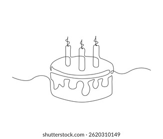 Sweet birthday cake outline drawing illustration. one continuous line drawing of Wedding Cake with candles.