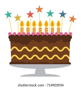 Sweet birthday cake with seven burning candles. Colorful holiday dessert. Vector celebration background.

