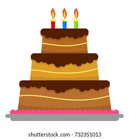 Sweet birthday cake with three burning candles. Colorful holiday dessert. Vector celebration background.
