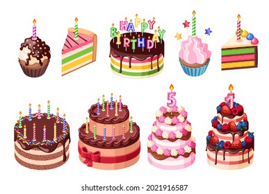 Sweet birthday cakes. Happy celebration cake, anniversary party sweet muffin with candles. Isolated holiday confectionery gifts garish vector set