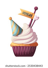 Sweet Birthday cupcake and tiny party hat. Birthday party, celebration, Desserts, sweet food, bakery concept. Isolated Vector illustration.