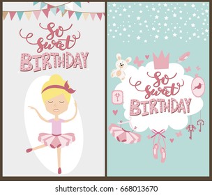 So sweet birthday greeting or invitation cards for girl party. Vector illustration