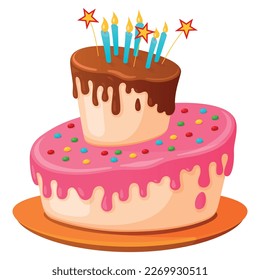 Sweet birthday layer cake with melting icing and burning candles isometric vector illustration. Pastry baking dessert festive holiday celebration treat with decorative stars sprinkles on serving plate