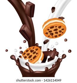 Sweet biscuit with chocolate isolated on white background. Realistic milk and chocolate flows vector illustration. Illustration of biscuit dessert, splash chocolate and flow milk