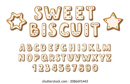 Sweet biscuit font and Gingerbread cookie alphabet. Glazed crackers in shape of letters and numbers, star and snowflake in cartoon style isolated on white background. Vector illustration