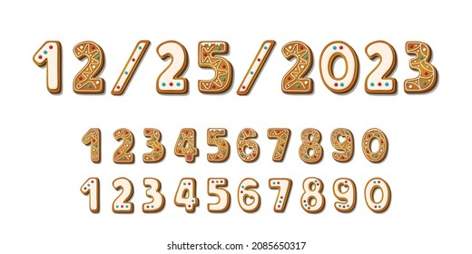 Sweet biscuit numbers and Gingerbread cookie numeral. Glazed crackers in shape of sign date in cartoon style isolated on white background. Vector illustration