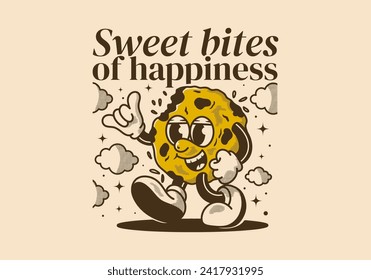 Sweet bites of happiness. Mascot character design of a walking cookies in retro style