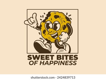 Sweet bites of happiness. Mascot character design of a walking cookies in retro style