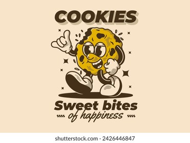 Sweet bites of happiness. Mascot character design of a walking cookies in retro style