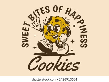 Sweet bites of happiness. Mascot character design of a walking cookies in retro style