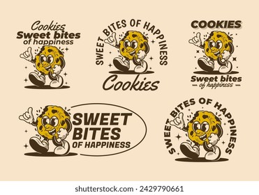 Sweet bites of happiness. Mascot character design of a walking cookies in retro style