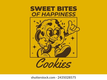 Sweet bites of happiness. Mascot character design of a walking cookies in retro style