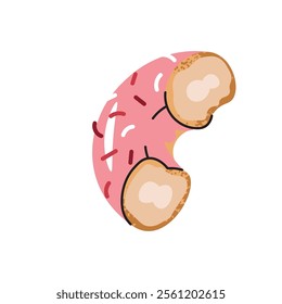 Sweet Sweet bitten donut donut, doughnut ring with strawberry icing and candy sprinkles. Flat cartoon illustration isolated on white background