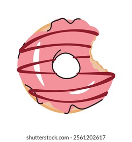 Sweet Sweet bitten donut donut, doughnut ring with strawberry icing. Flat cartoon illustration isolated on white background