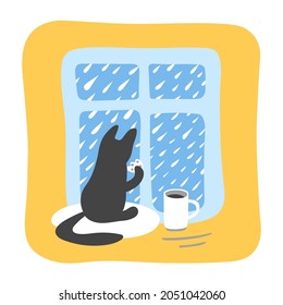 Sweet black cat eats a cookie and drinks coffee at the window. Vector illustration.
