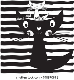 sweet black cat on her head little white kitten with stripes background vector illustration
