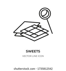 Sweet black line icon. Empty candies simple linear sign. Logo contour of dessert closeup lollipop and waffle as symbol confectionery. Element for decoration app web site. Isolated vector illustration