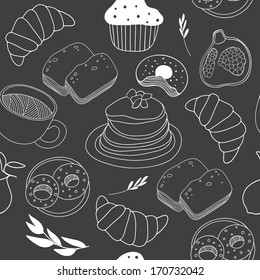 Sweet black and white vector background. Hand drawn seamless pattern for backgrounds, fabric, kitchen and cafe stuff