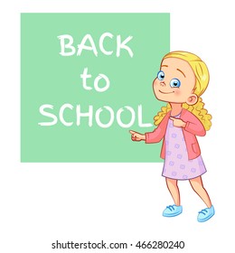 Sweet blond girl shows to the inscription "Back to school" on a green background. Back to school card, banner, poster. Vector cartoon girl character invites to school.