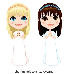 Sweet blonde and brunette girls in white dress on first communion ceremony