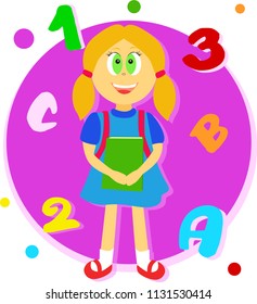 Sweet blonde girl with school backpack and books. Back to school. Flying abc and 123 on pink background
