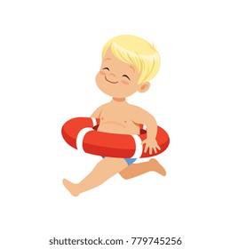 Sweet blonde little boy running with red lifebuoy, kid playing at the beach, happy infants outdoor activity on summer vacations vector Illustration