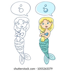 Sweet blonde mermaid, linear and color vector drawings.