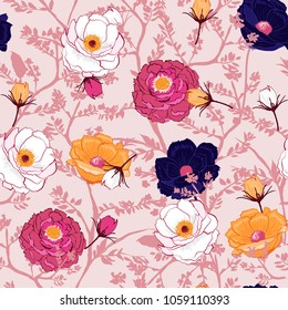Sweet  blooming Floral pattern in the many kind of flowers. Botanical  Seamless vector texture. Elegant template for fashion prints. Create with in hand drawn style on light pink background.