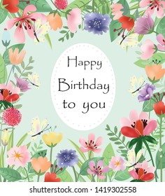 Sweet blossom and leaf birthday card,illustration vector doodle comic art.