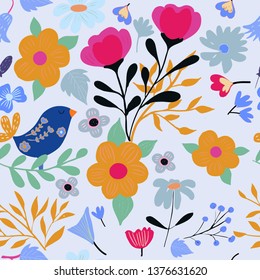 Sweet blue bird in flower and leave seamless pattern,illustration vector by freehand doodle comic art