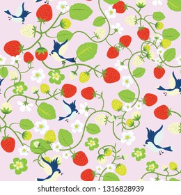 sweet blue bird in strawberry farm seamless pattern,illustration vector comic art.
