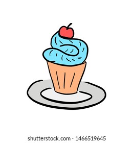 Sweet blue cupcake with cherry on top. Hand drawn cartoon vector ink illustration isolated on white background.