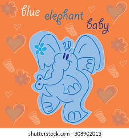 sweet blue elephant baby with hearts and curls and flowers vector illustration