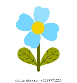A sweet blue flower with heart-shaped petals and a bright yellow center. Perfect for clipart, stickers, and decorations, adding a fun and cheerful touch to any design or project.